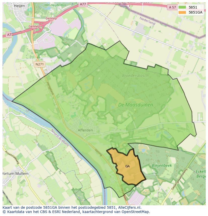 Afbeelding van het postcodegebied 5851 GA op de kaart.