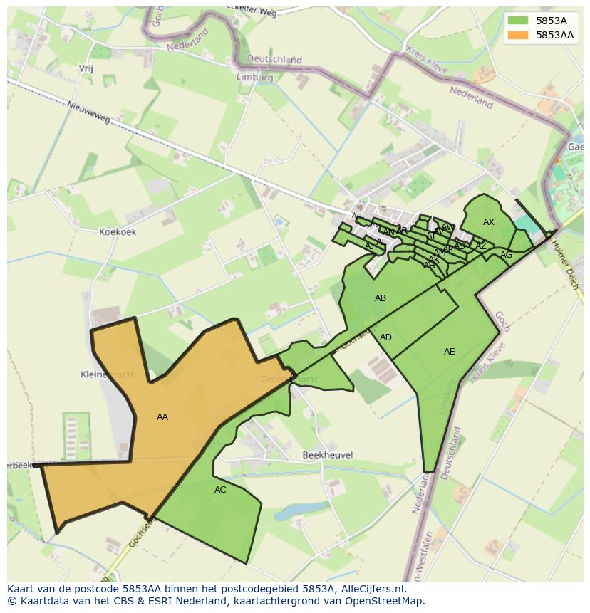 Afbeelding van het postcodegebied 5853 AA op de kaart.