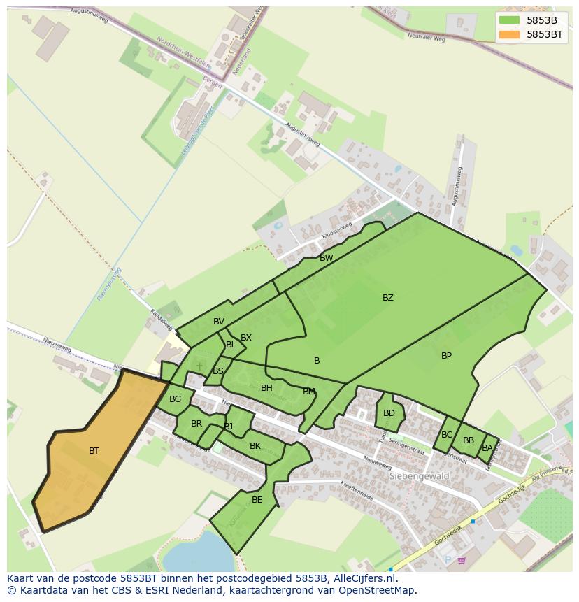 Afbeelding van het postcodegebied 5853 BT op de kaart.