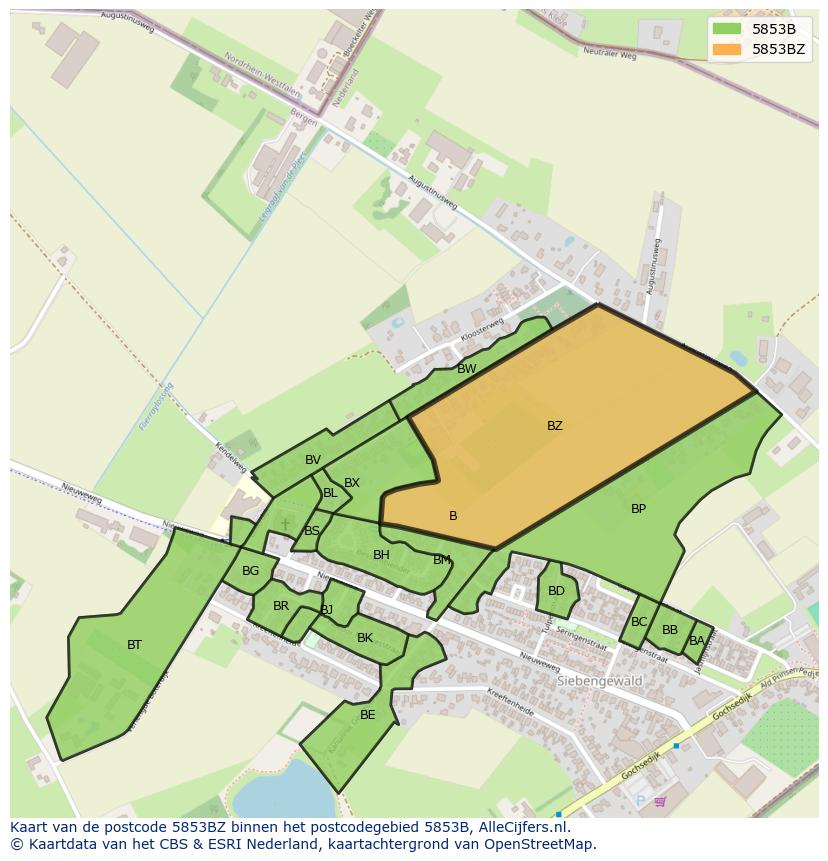 Afbeelding van het postcodegebied 5853 BZ op de kaart.