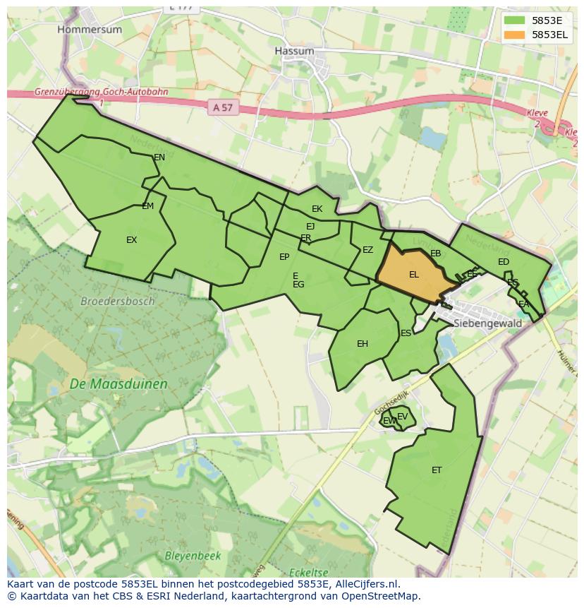 Afbeelding van het postcodegebied 5853 EL op de kaart.