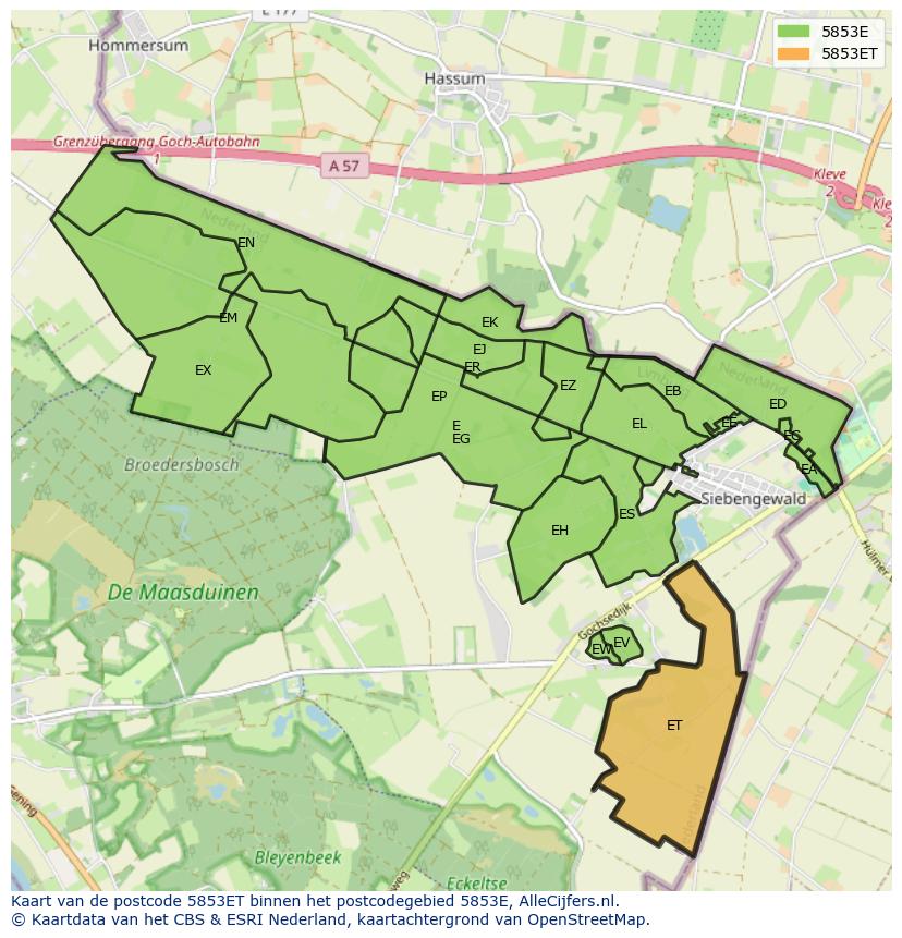 Afbeelding van het postcodegebied 5853 ET op de kaart.