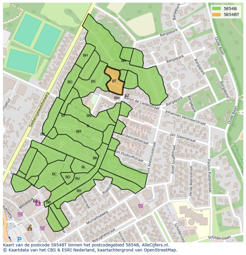 Afbeelding van het postcodegebied 5854 BT op de kaart.
