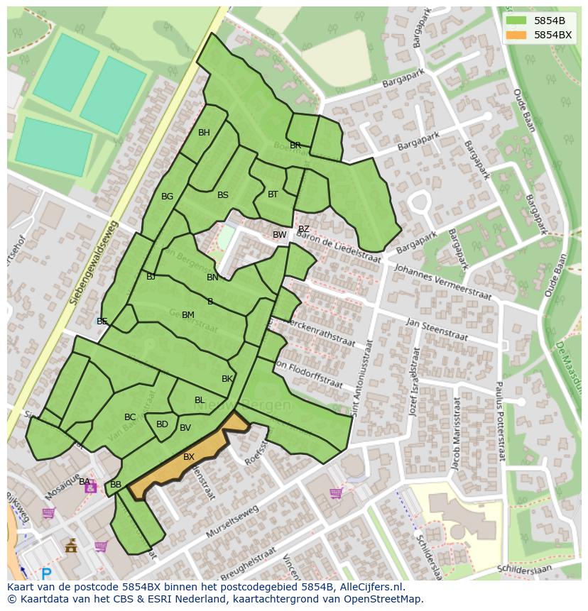 Afbeelding van het postcodegebied 5854 BX op de kaart.