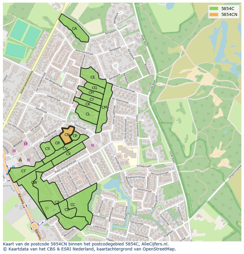 Afbeelding van het postcodegebied 5854 CN op de kaart.