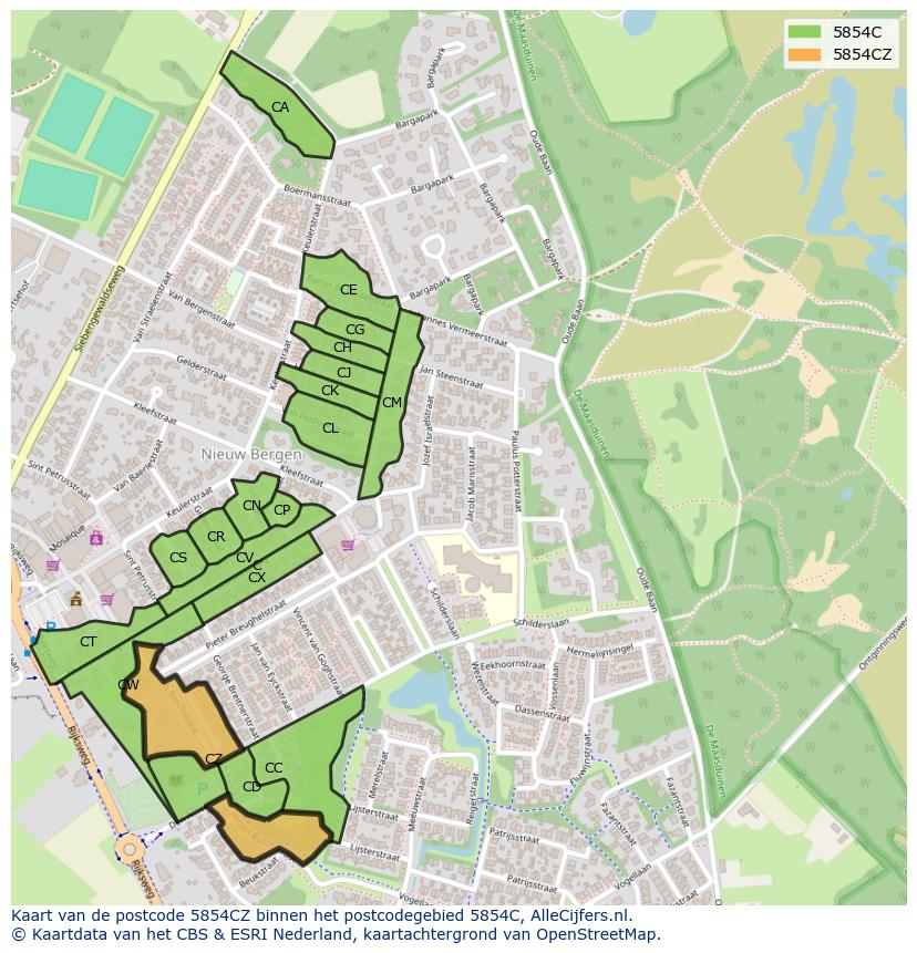 Afbeelding van het postcodegebied 5854 CZ op de kaart.