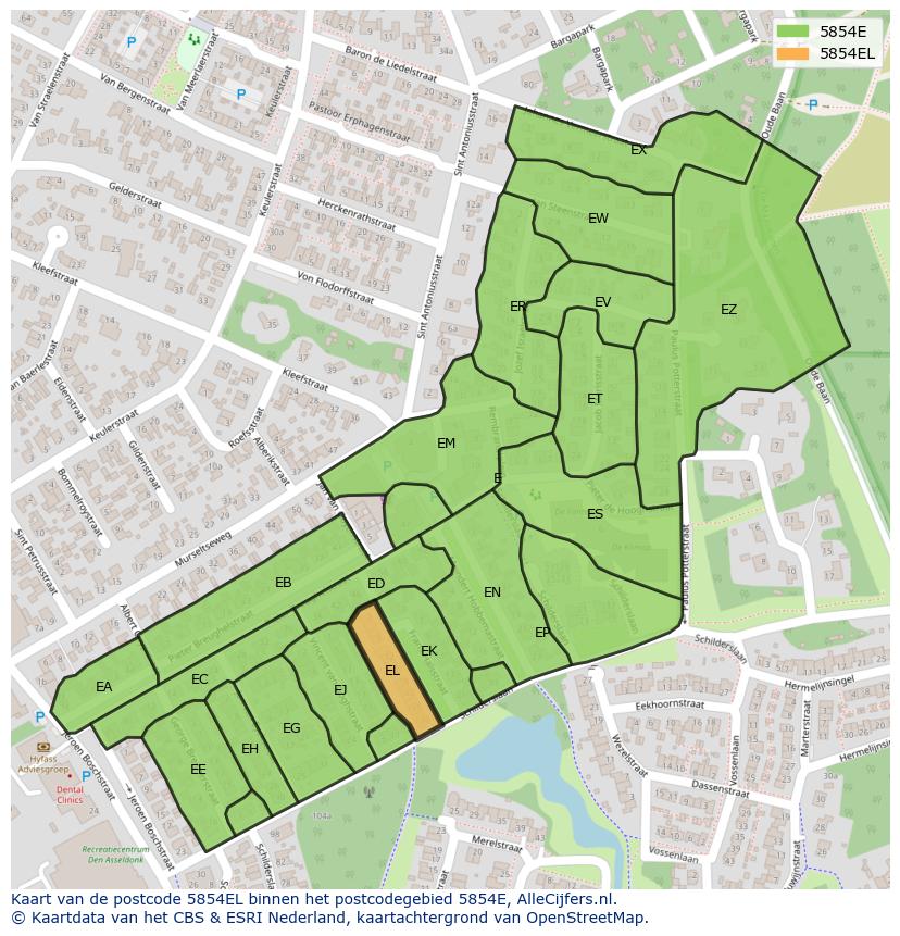 Afbeelding van het postcodegebied 5854 EL op de kaart.