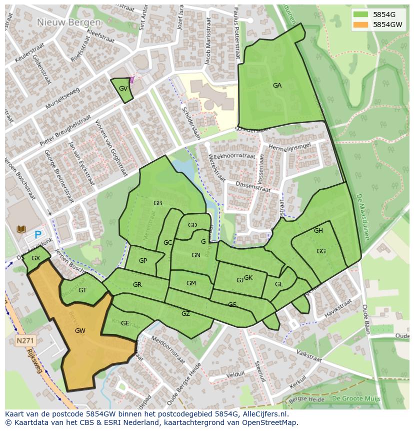 Afbeelding van het postcodegebied 5854 GW op de kaart.