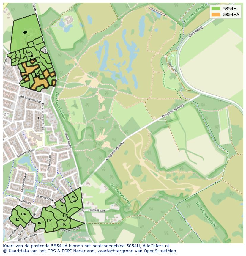 Afbeelding van het postcodegebied 5854 HA op de kaart.