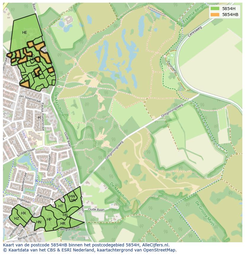 Afbeelding van het postcodegebied 5854 HB op de kaart.