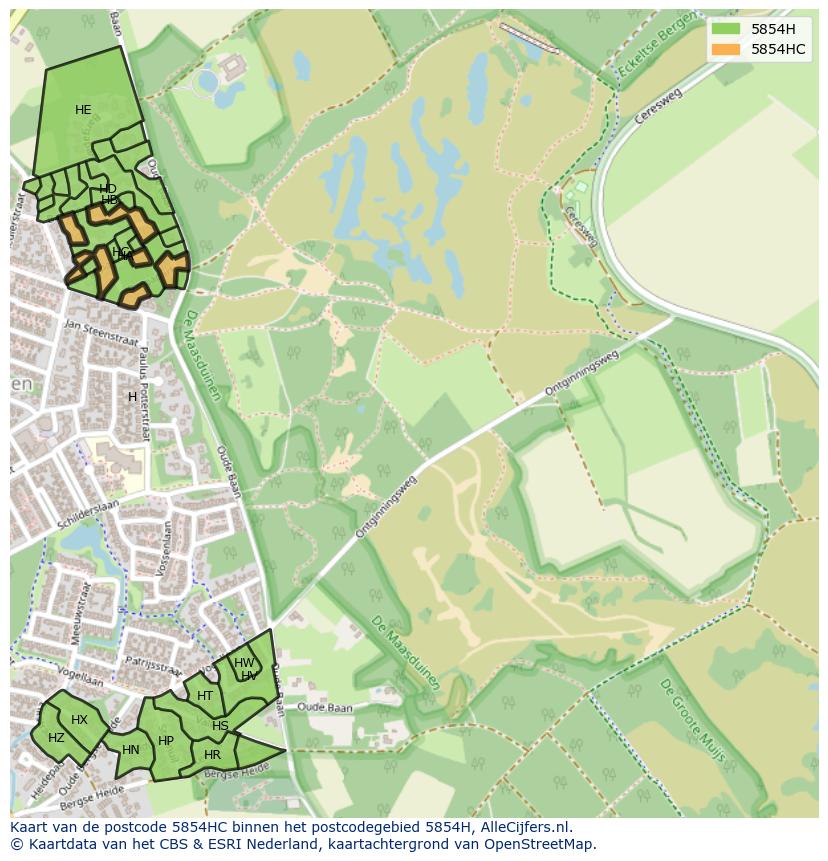 Afbeelding van het postcodegebied 5854 HC op de kaart.