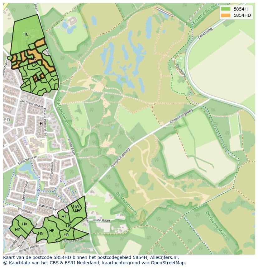 Afbeelding van het postcodegebied 5854 HD op de kaart.