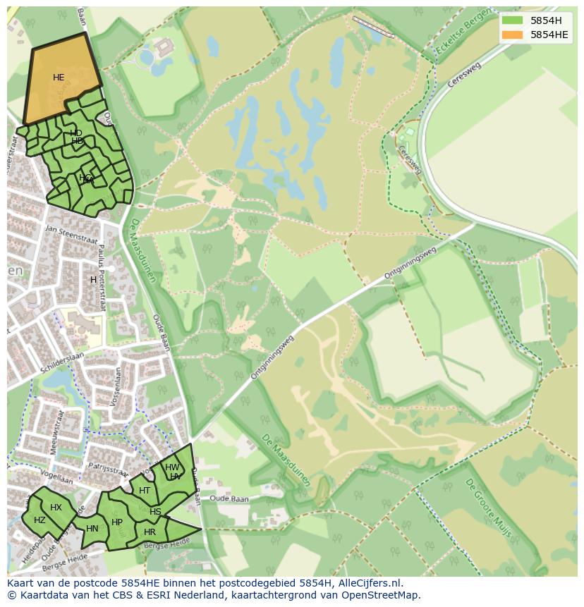 Afbeelding van het postcodegebied 5854 HE op de kaart.