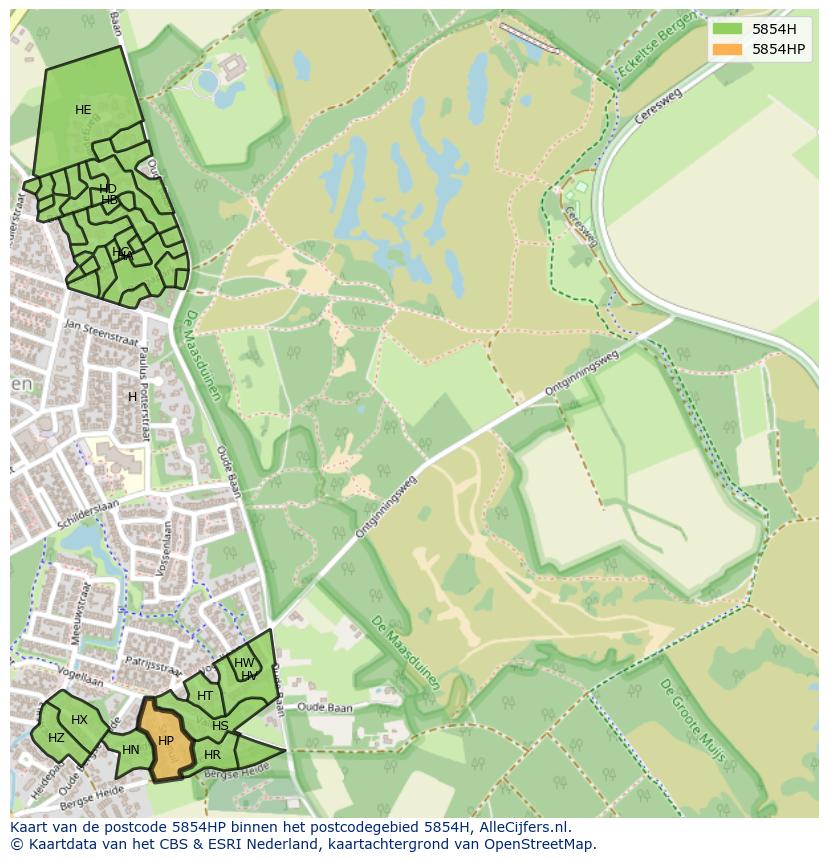 Afbeelding van het postcodegebied 5854 HP op de kaart.