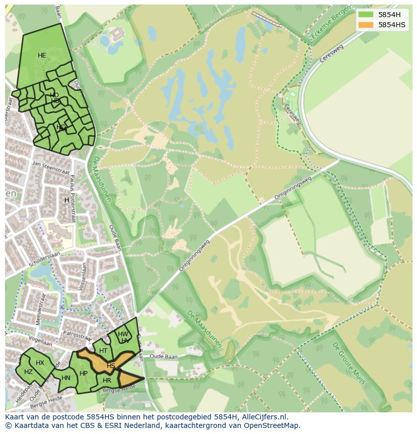 Afbeelding van het postcodegebied 5854 HS op de kaart.
