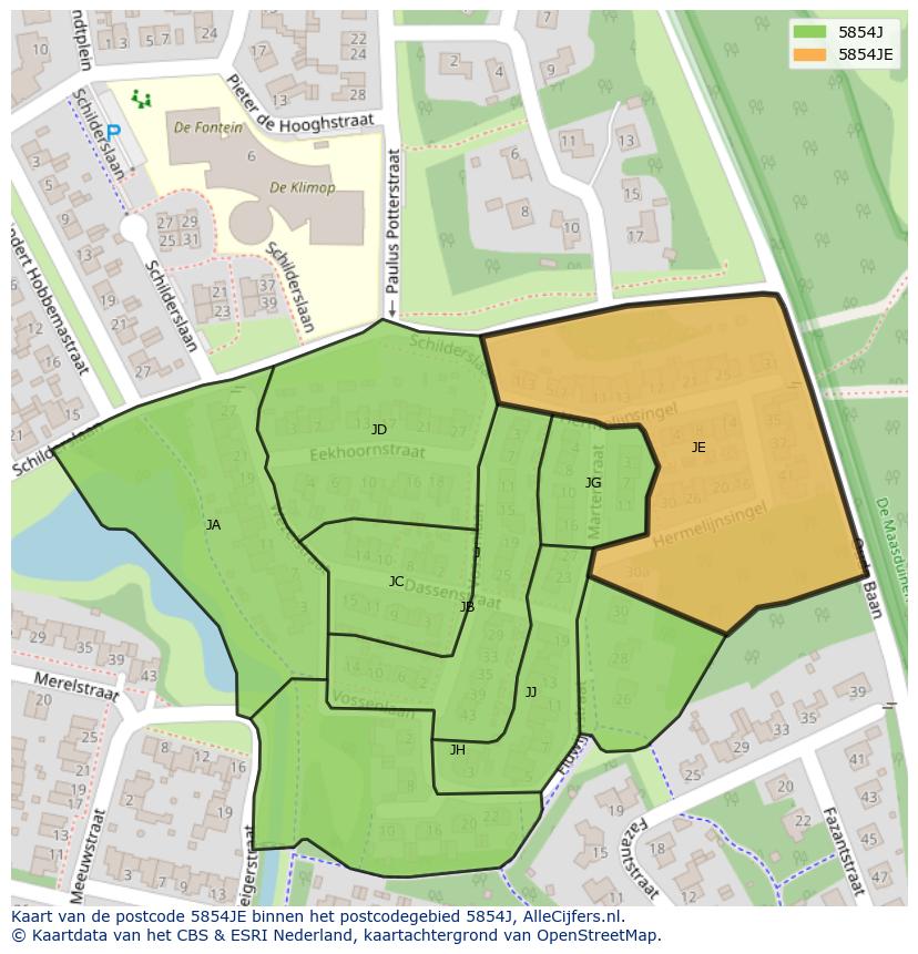 Afbeelding van het postcodegebied 5854 JE op de kaart.