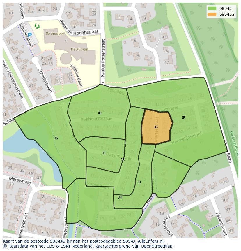 Afbeelding van het postcodegebied 5854 JG op de kaart.