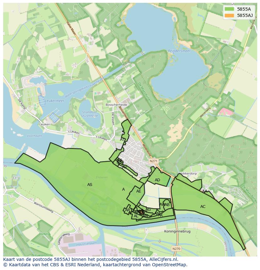 Afbeelding van het postcodegebied 5855 AJ op de kaart.