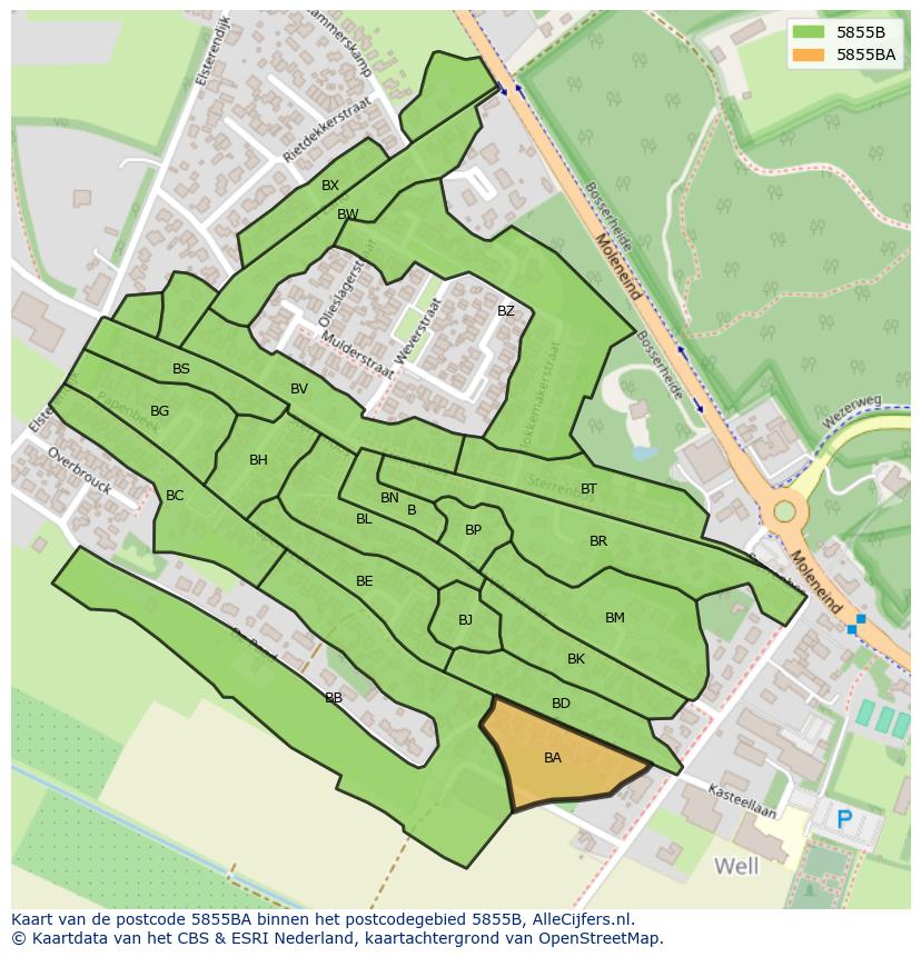 Afbeelding van het postcodegebied 5855 BA op de kaart.