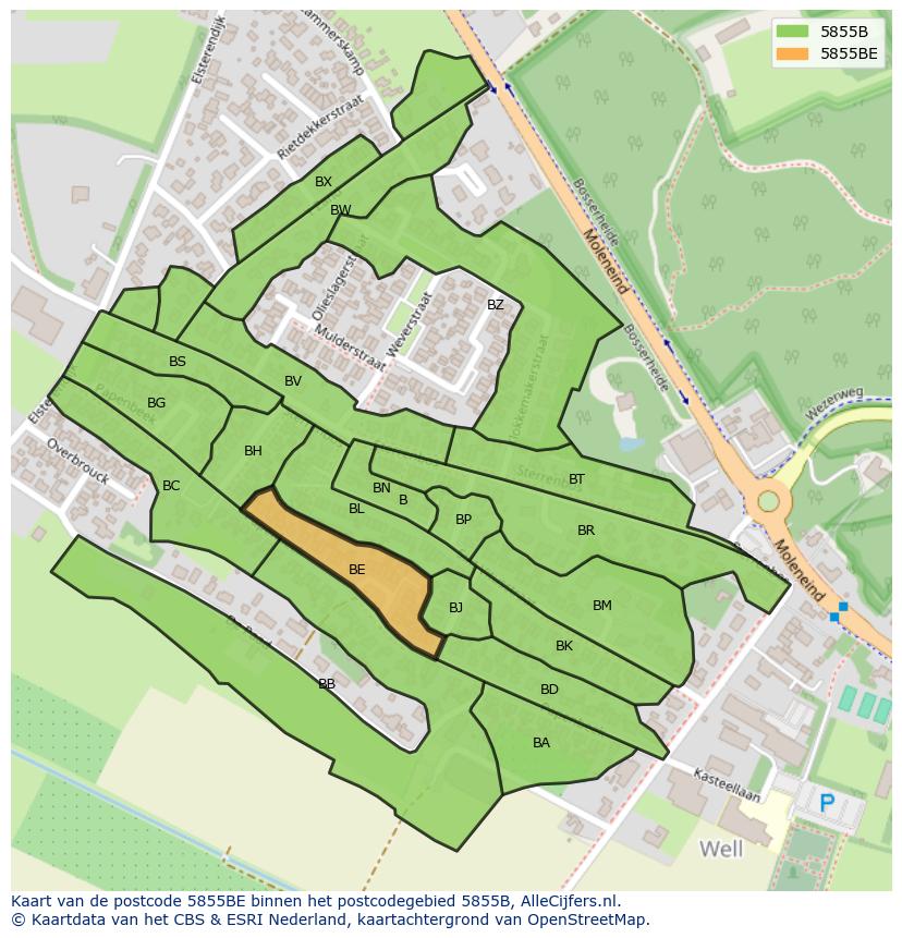 Afbeelding van het postcodegebied 5855 BE op de kaart.
