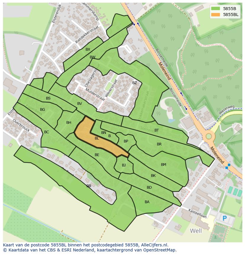 Afbeelding van het postcodegebied 5855 BL op de kaart.