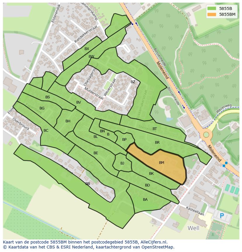 Afbeelding van het postcodegebied 5855 BM op de kaart.