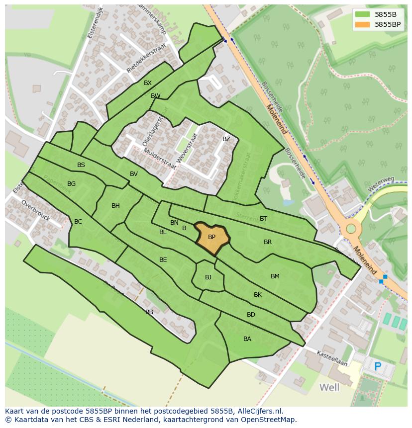 Afbeelding van het postcodegebied 5855 BP op de kaart.