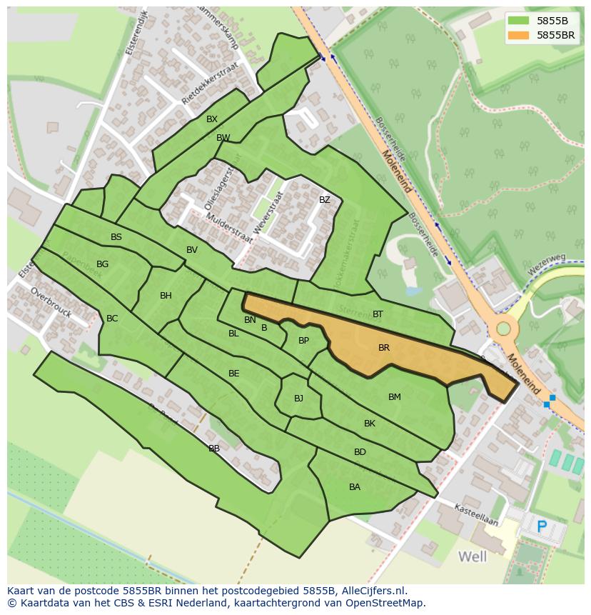 Afbeelding van het postcodegebied 5855 BR op de kaart.