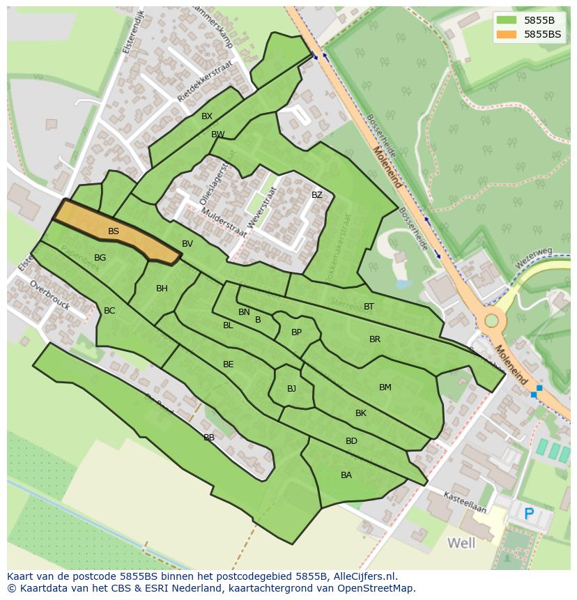 Afbeelding van het postcodegebied 5855 BS op de kaart.