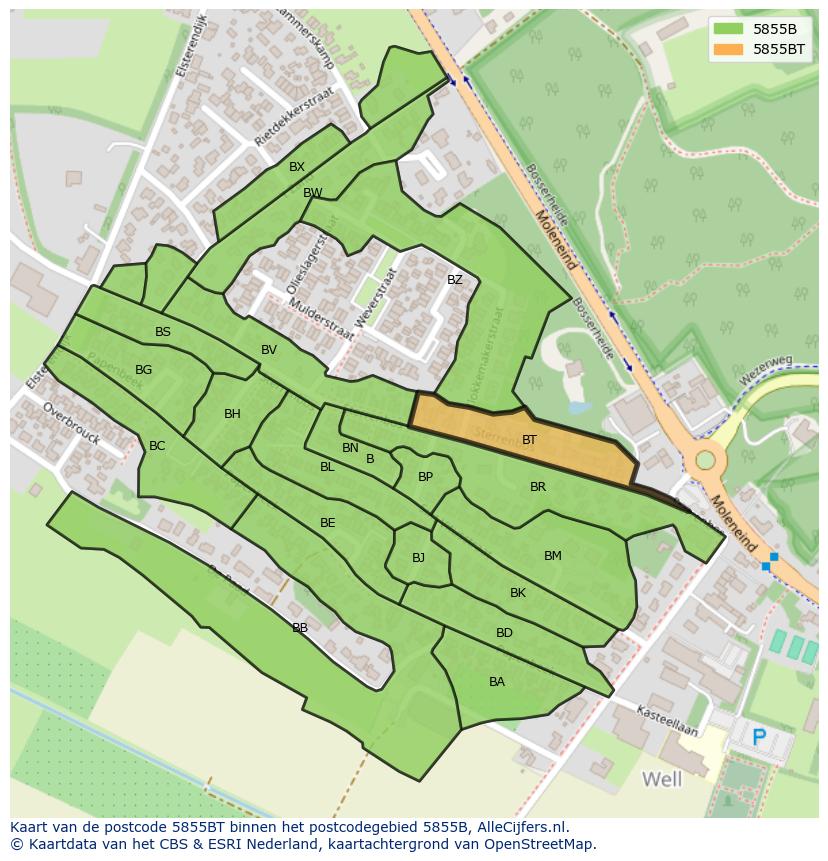 Afbeelding van het postcodegebied 5855 BT op de kaart.