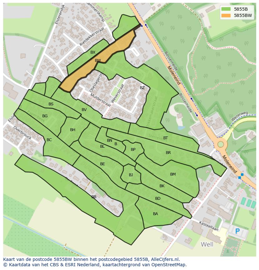 Afbeelding van het postcodegebied 5855 BW op de kaart.