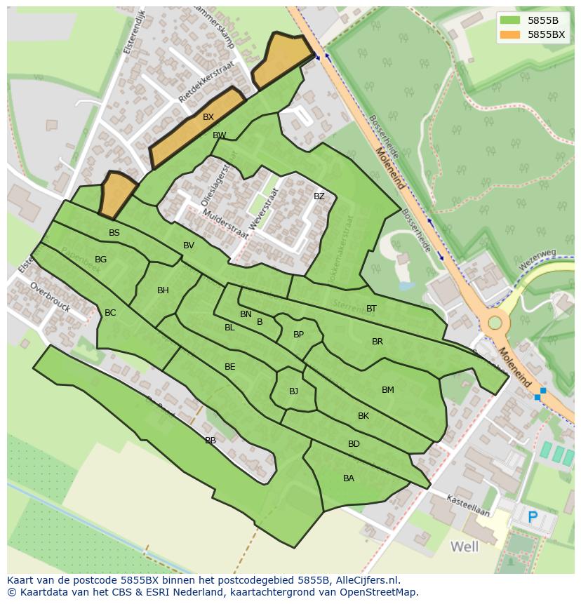 Afbeelding van het postcodegebied 5855 BX op de kaart.