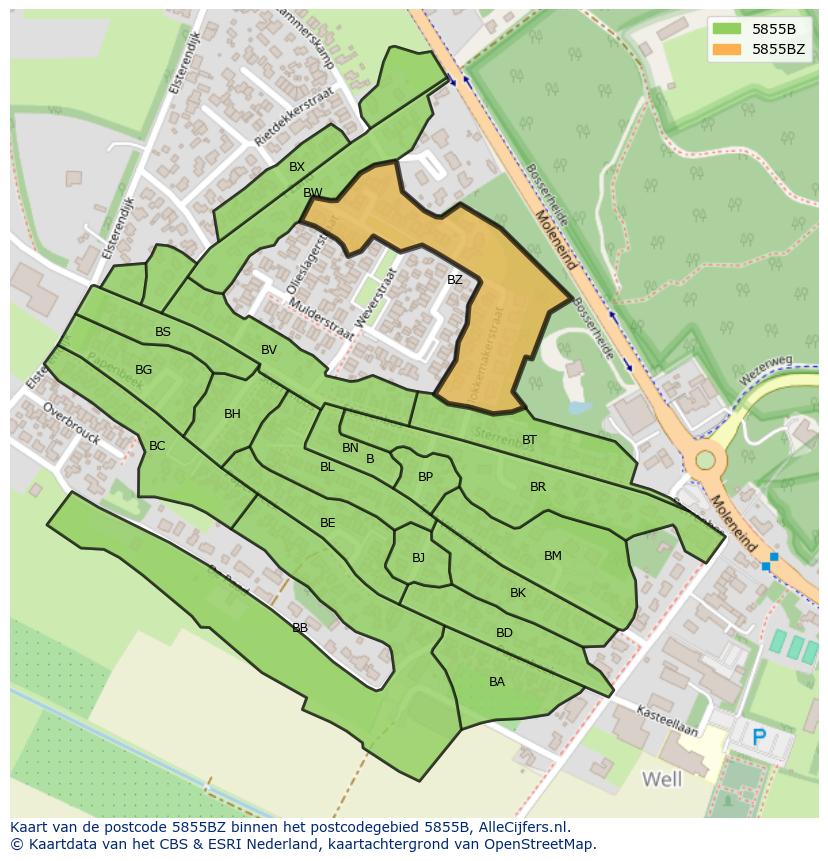 Afbeelding van het postcodegebied 5855 BZ op de kaart.