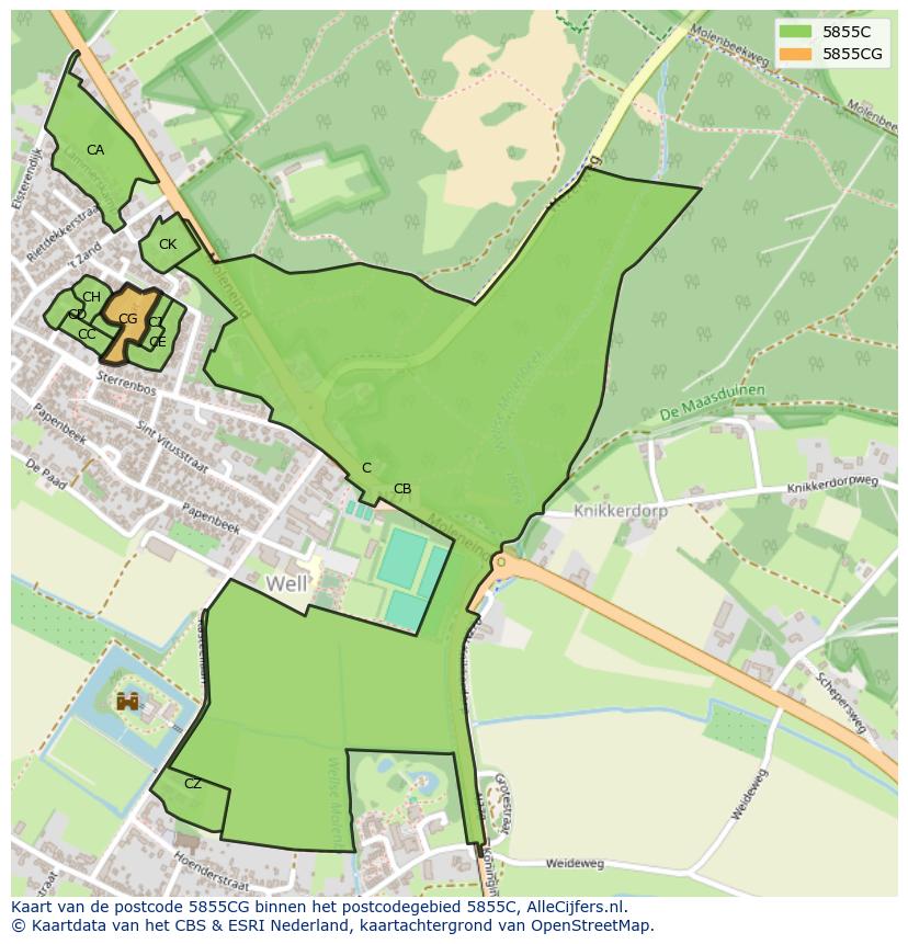 Afbeelding van het postcodegebied 5855 CG op de kaart.