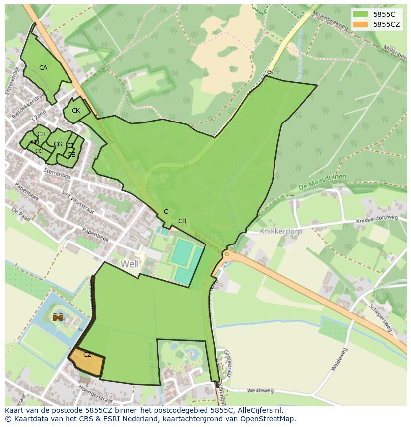 Afbeelding van het postcodegebied 5855 CZ op de kaart.