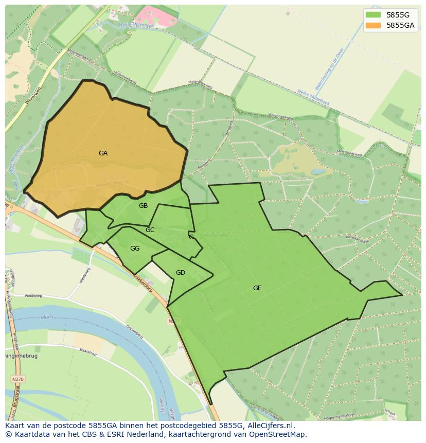 Afbeelding van het postcodegebied 5855 GA op de kaart.