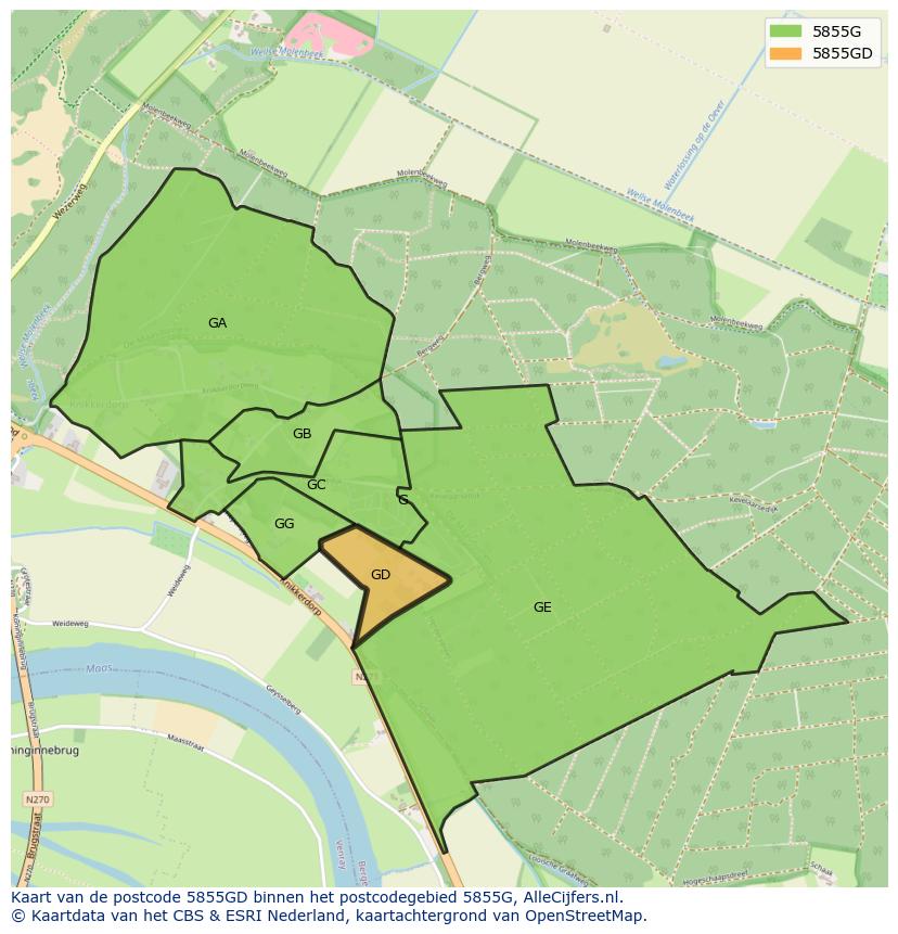 Afbeelding van het postcodegebied 5855 GD op de kaart.