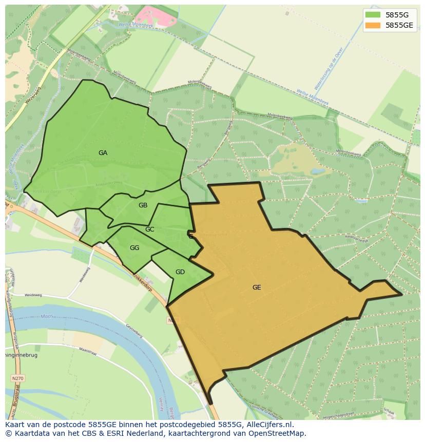 Afbeelding van het postcodegebied 5855 GE op de kaart.