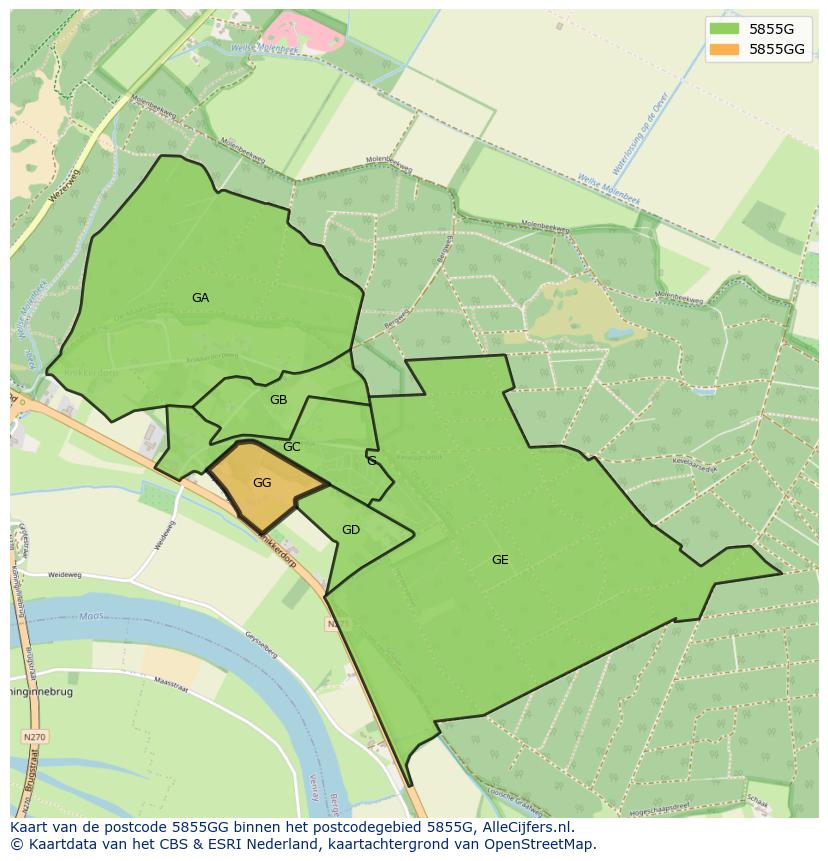Afbeelding van het postcodegebied 5855 GG op de kaart.