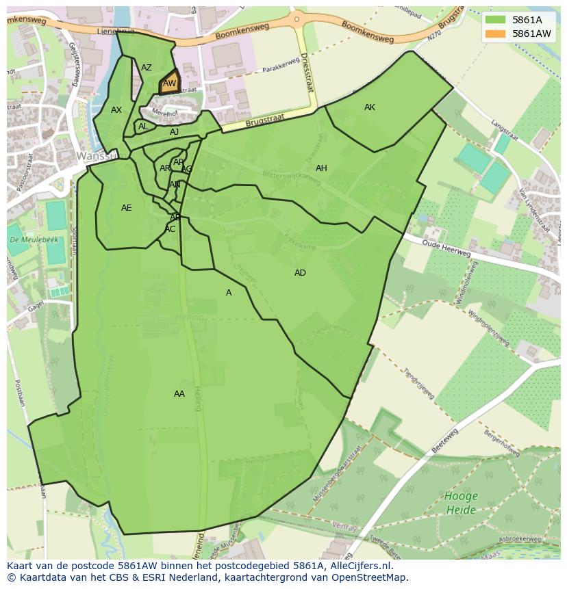 Afbeelding van het postcodegebied 5861 AW op de kaart.