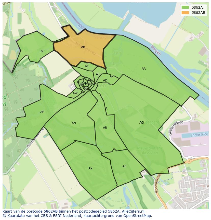 Afbeelding van het postcodegebied 5862 AB op de kaart.