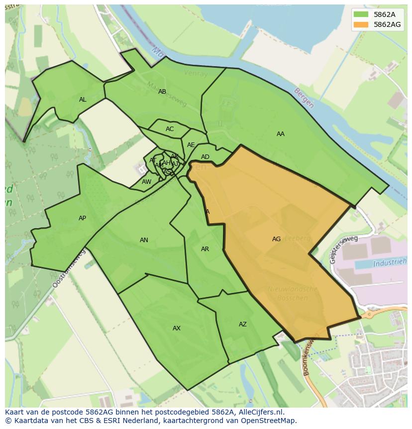 Afbeelding van het postcodegebied 5862 AG op de kaart.