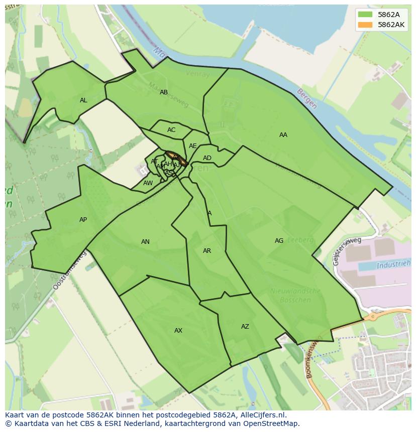 Afbeelding van het postcodegebied 5862 AK op de kaart.