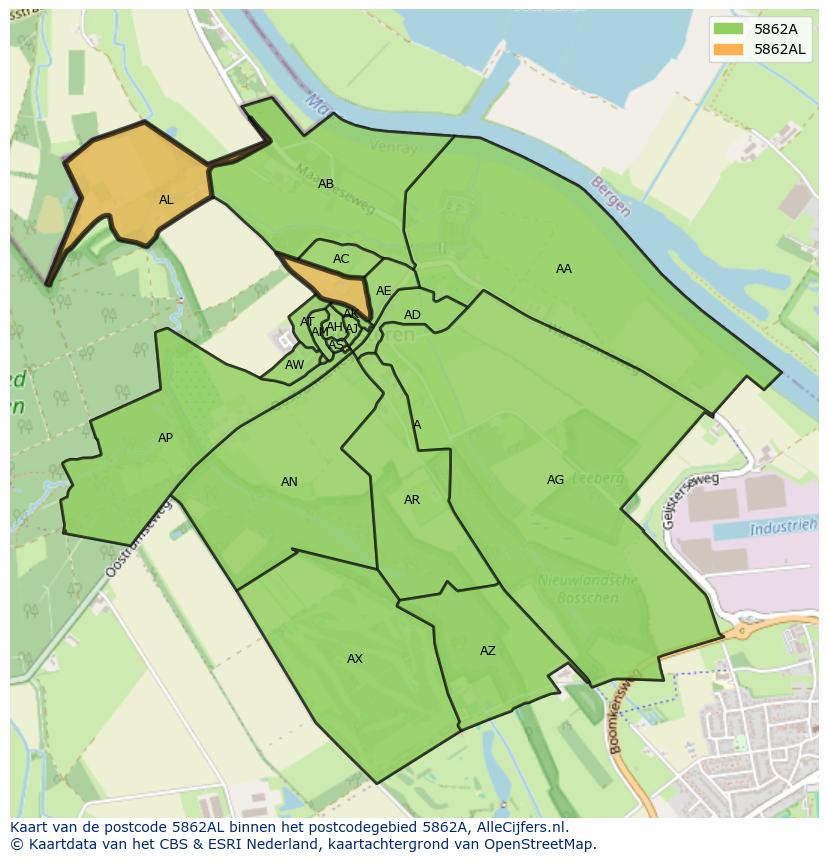 Afbeelding van het postcodegebied 5862 AL op de kaart.