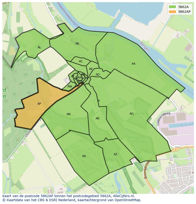 Afbeelding van het postcodegebied 5862 AP op de kaart.
