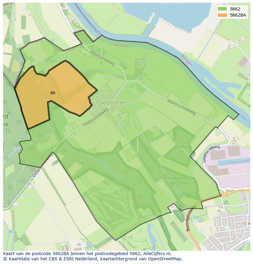 Afbeelding van het postcodegebied 5862 BA op de kaart.