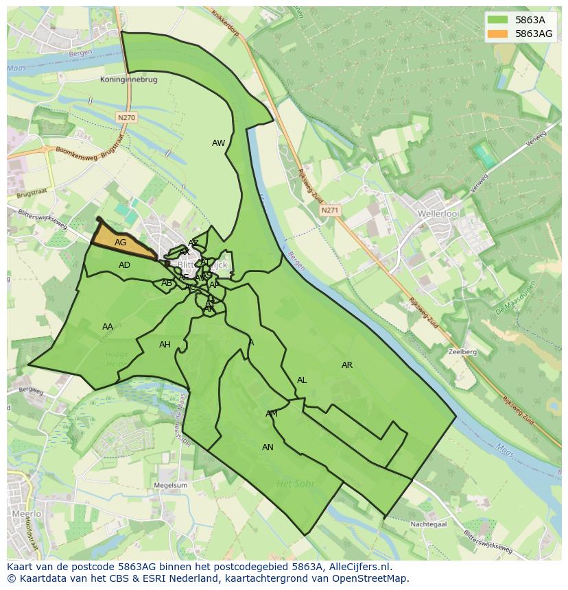Afbeelding van het postcodegebied 5863 AG op de kaart.