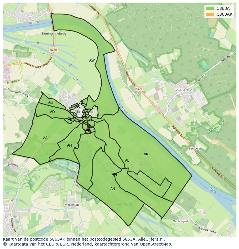 Afbeelding van het postcodegebied 5863 AK op de kaart.