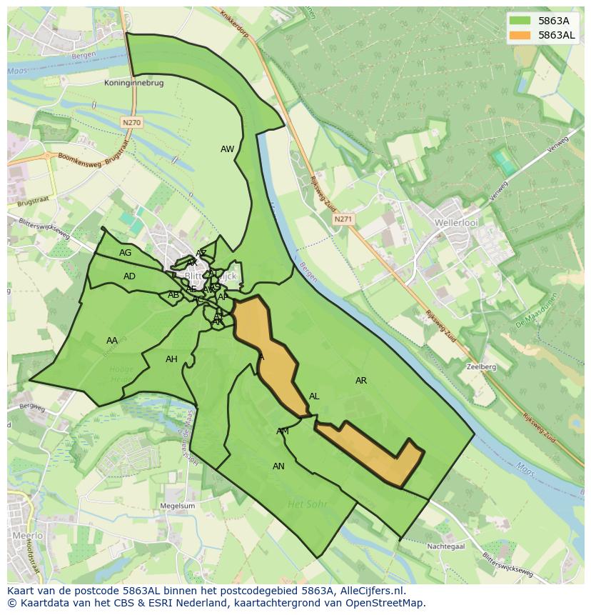 Afbeelding van het postcodegebied 5863 AL op de kaart.