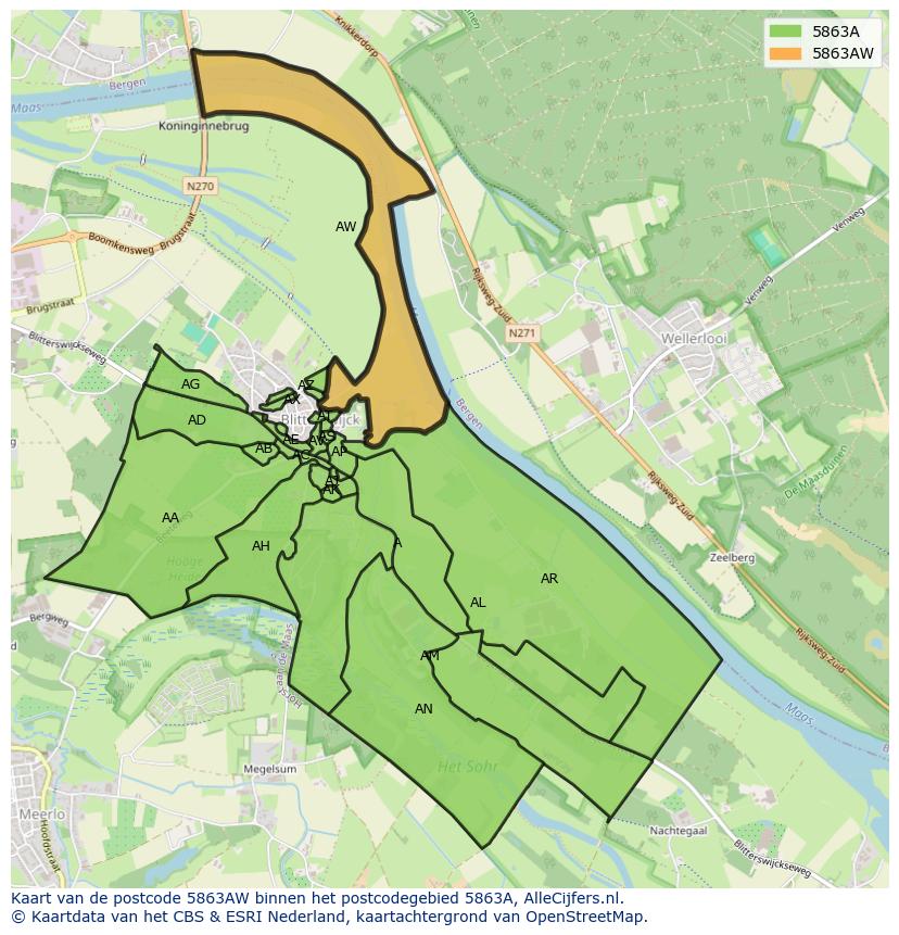 Afbeelding van het postcodegebied 5863 AW op de kaart.